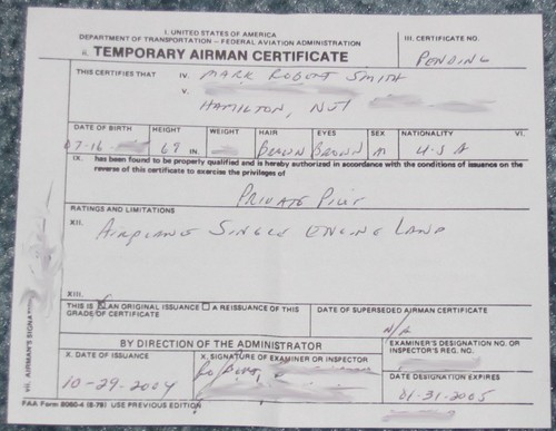Mark Smith Temporary Pilot Certificate